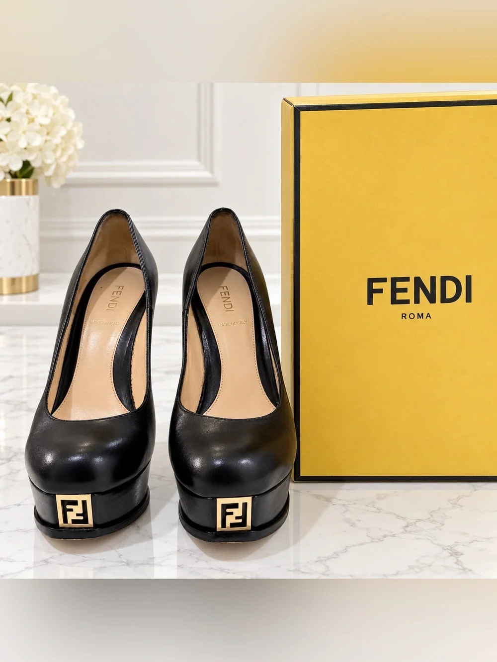 Fendi Gold FF Logo Black Leather Platform Pumps Heels – Size 37.5